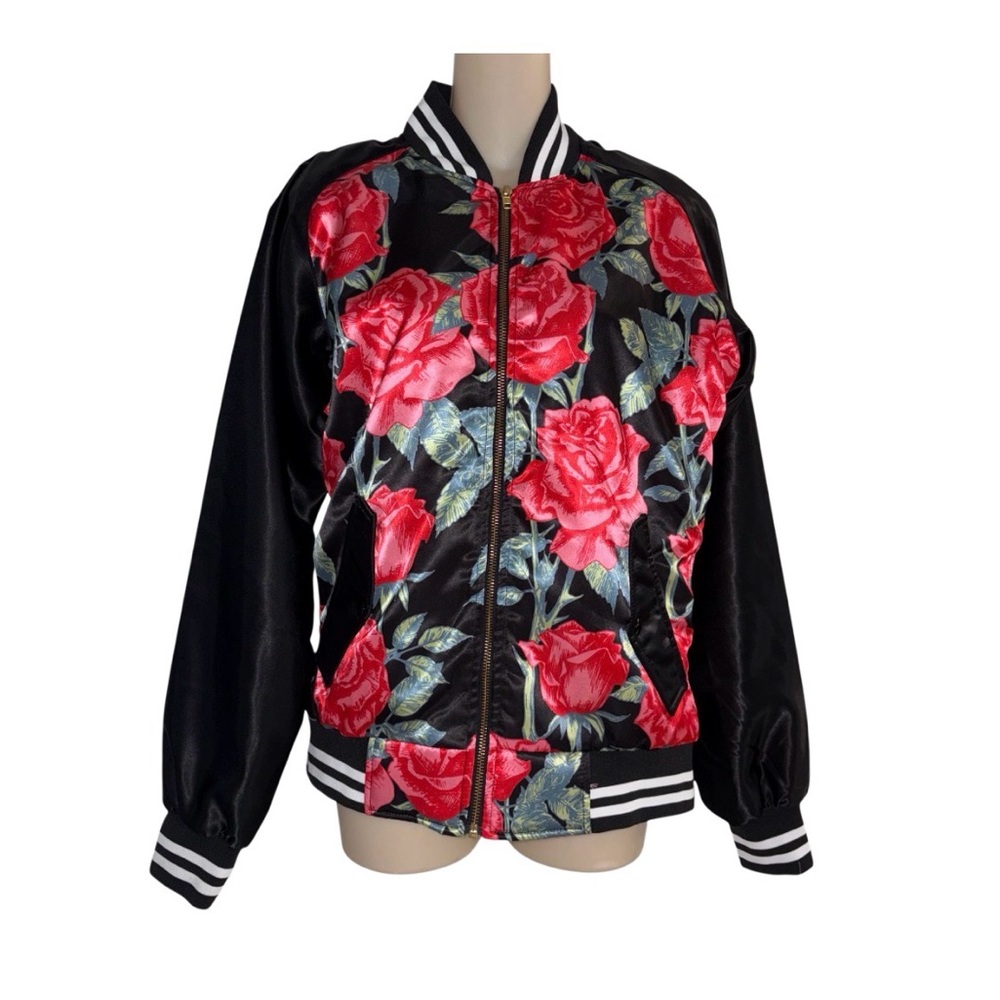 NWT CHRLDR 100% Satin Floral Bomber Jacket Full Zip Red Black Size Large